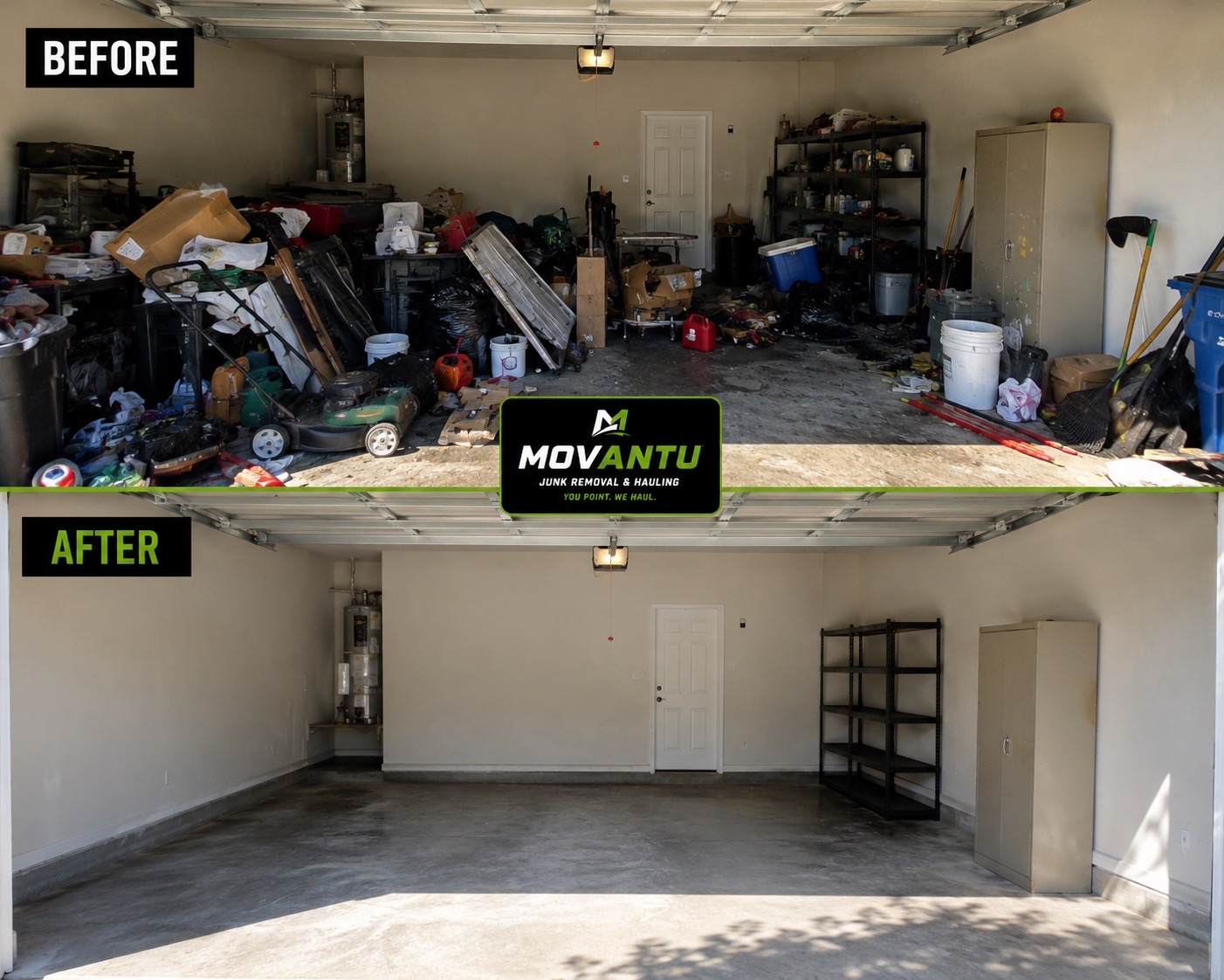 Before and after of a full garage cleanout by MOVANTU in Savannah
