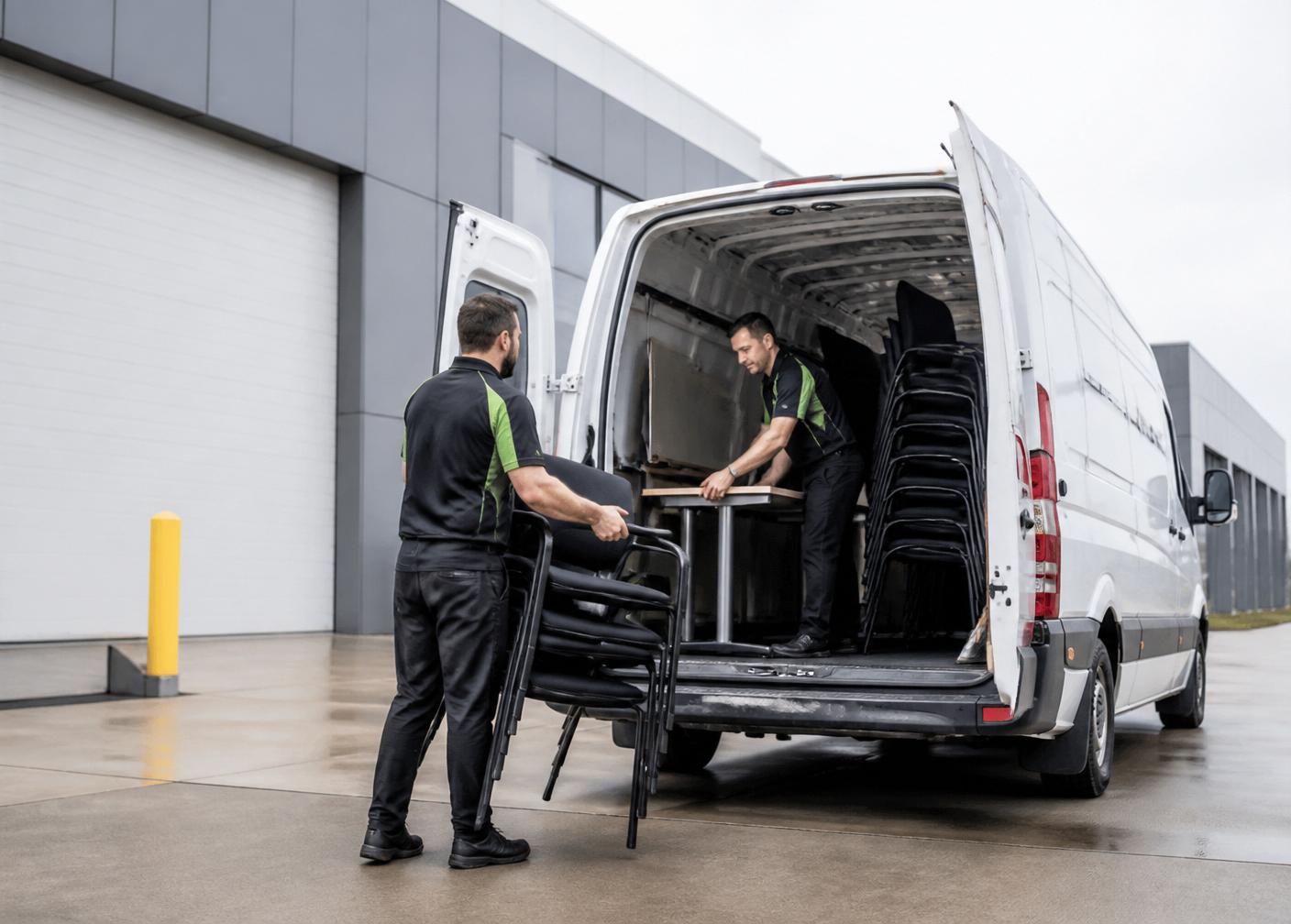 MOVANTU crew loading office furniture into a white high roof cargo van at a commercial property