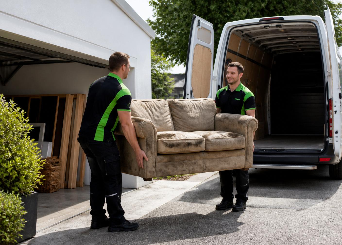 MOVANTU crew removing a sofa from a Savannah home garage